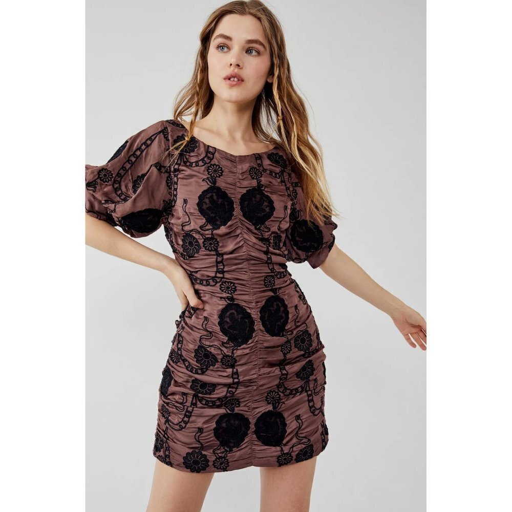 NWT Free People brown & black embroidered puff sleeve mini dress, M